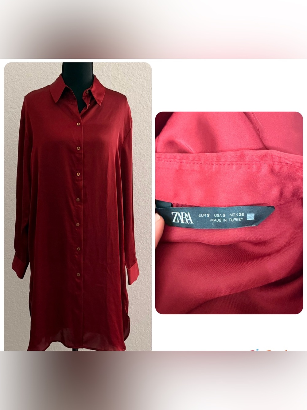 Zara NWOT Burgundy Silky Button-Down Shirt Dress | Relaxed Long Sleeve Blouse